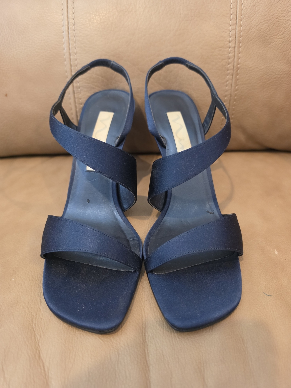 Nina Navy Satin Crisscross Slingback Heeled Sandals